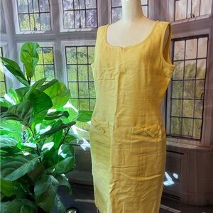 Talbot’s Butter Yellow Sleeveless Dress Pockets Bow Tie Old Money 90’s Linen 14